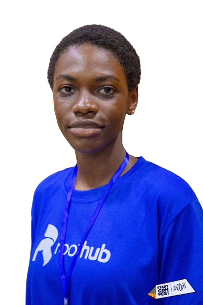 Mary Ibanga wearing her blue Roothub community T-shirt