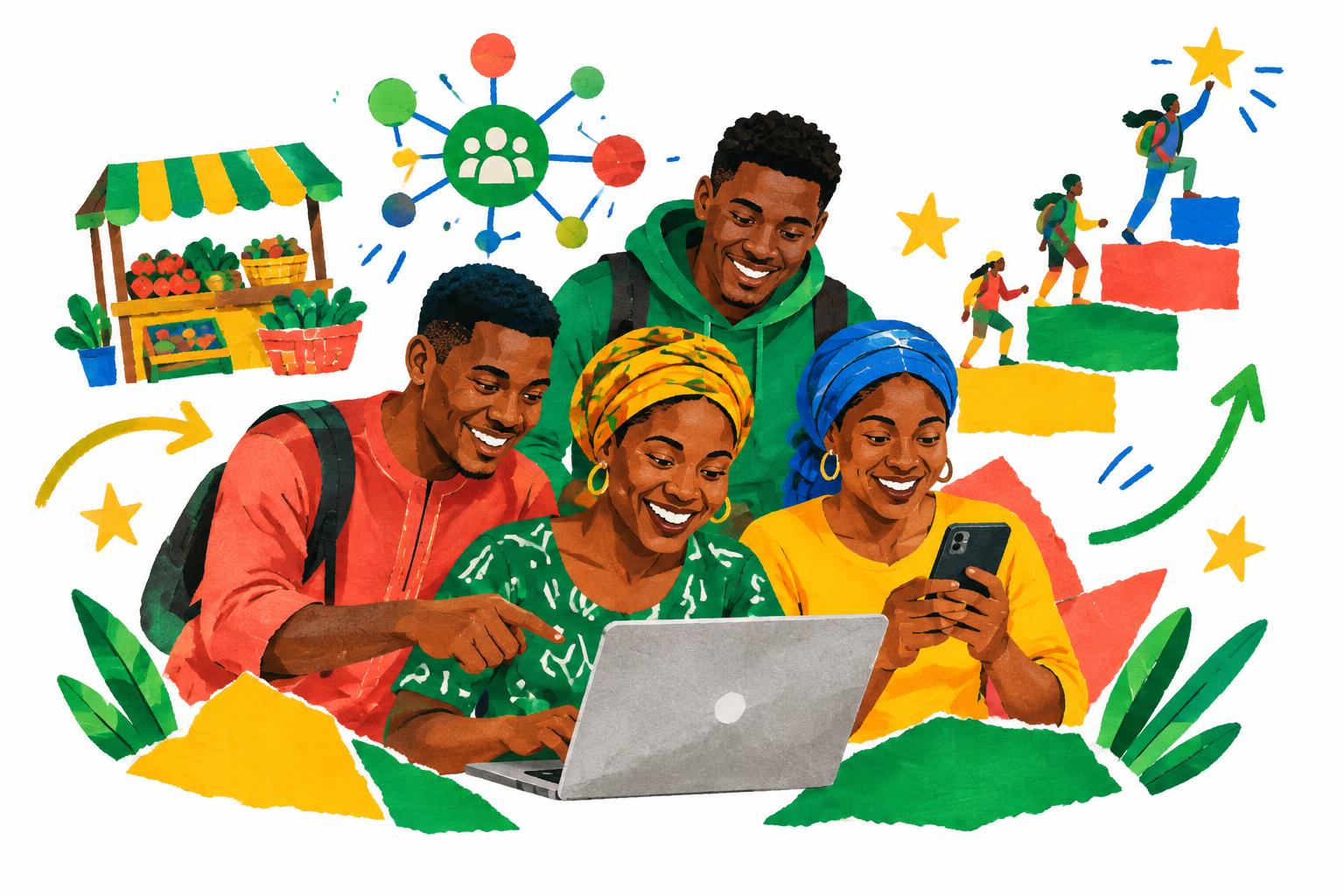 Illustrated Nigerian learners sharing a laptop and phone beside symbols of business growth and digital inclusion