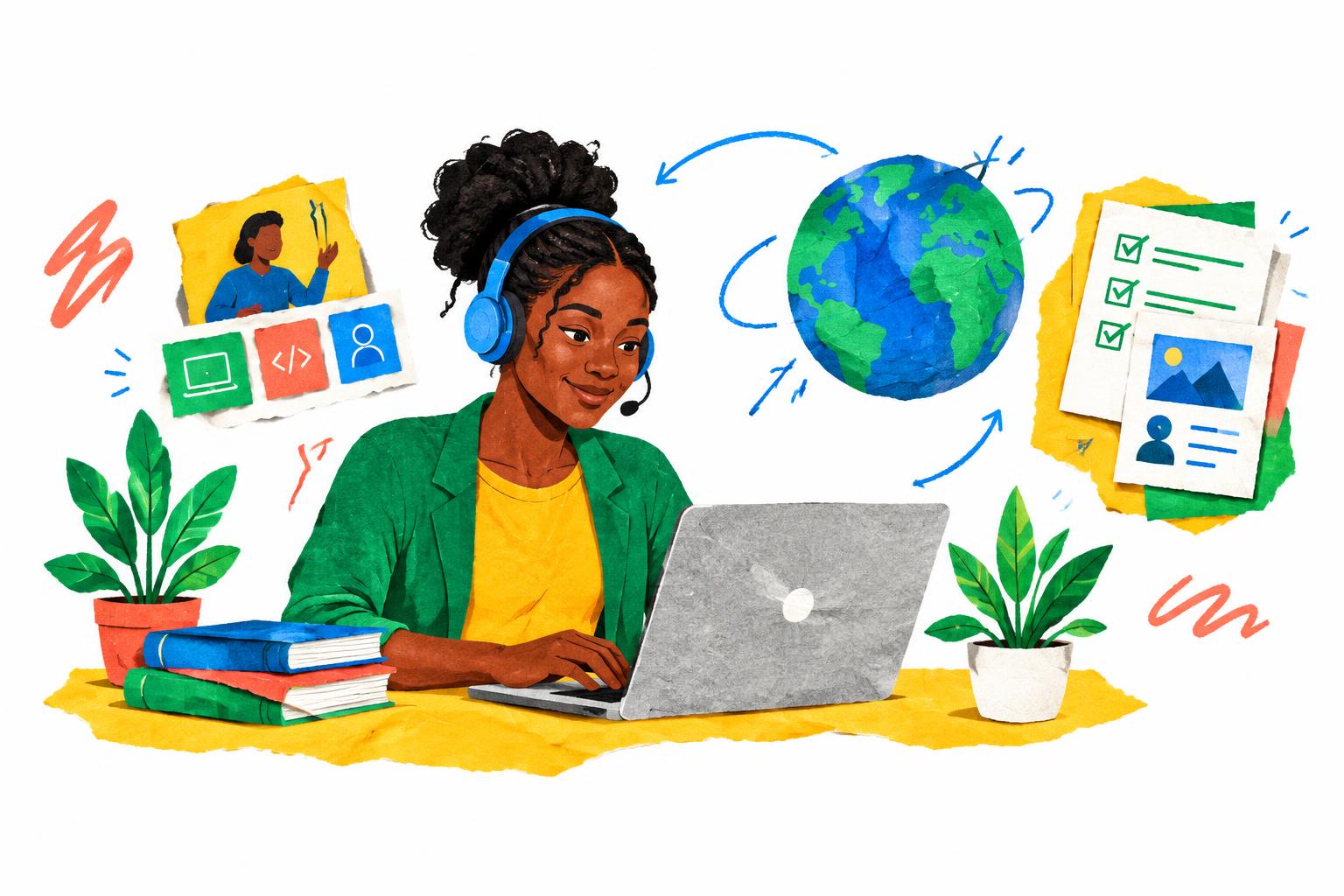 Illustration of a Nigerian learner building laptop skills, a portfolio and connections for remote work
