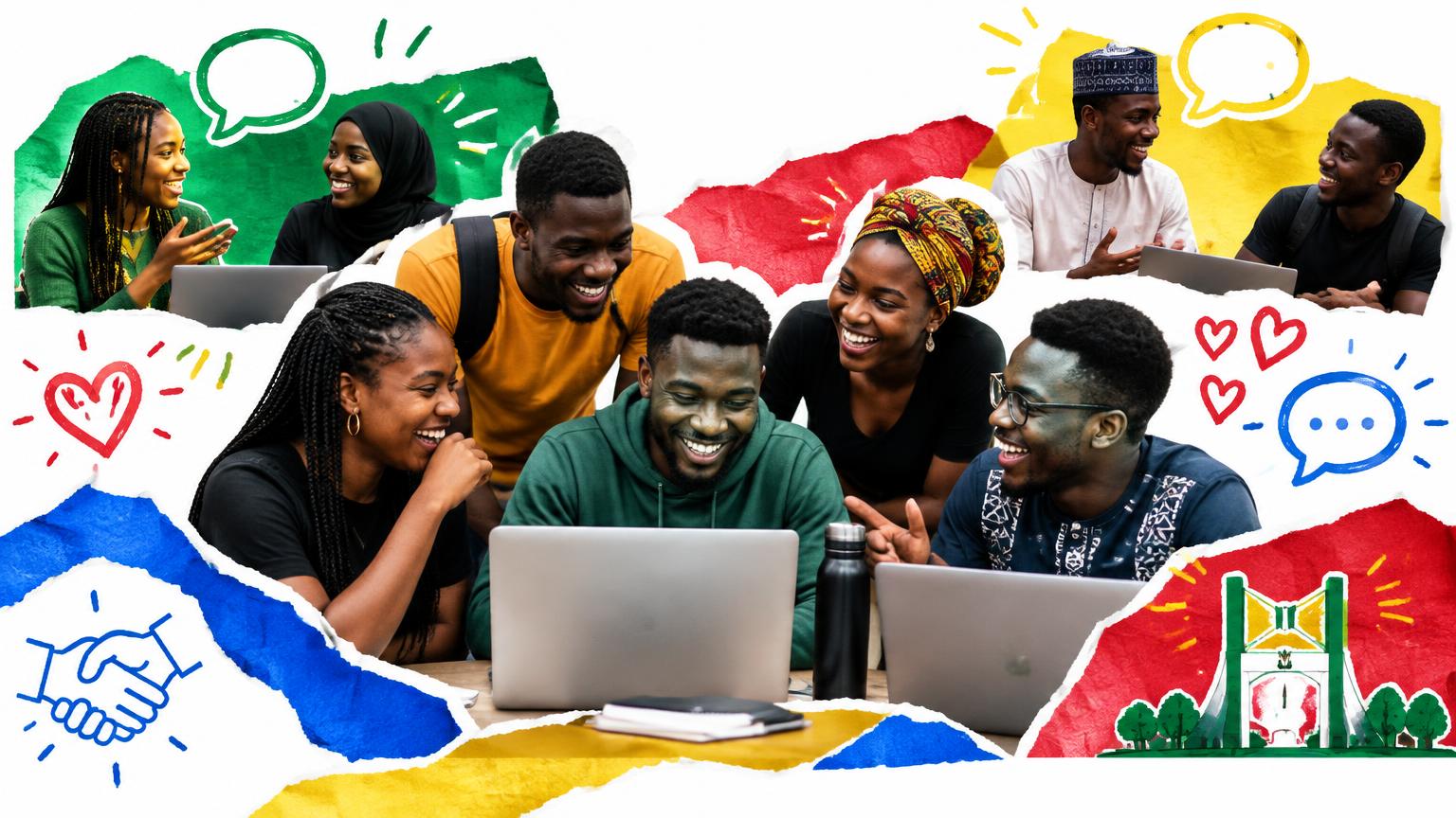 Young Nigerians learning tech skills together in a community meetup