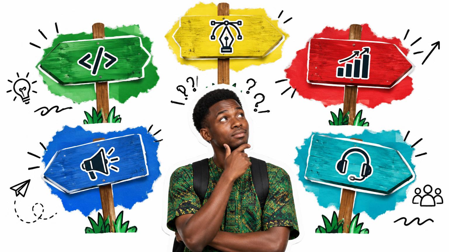 Young Nigerian choosing a tech career path: development, product design, data analysis, digital marketing or tech support